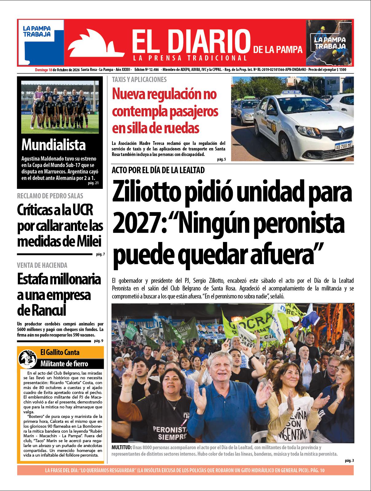 Tapa de El Diario en papel  domingo 18 de octubre de 2026